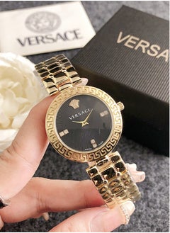 Buy Versace Women's Cubic Zirconia Classic Fashion Versatile Round Quartz Watch with Gold Stainless Steel Strap and Black dial 33mm Gift in UAE