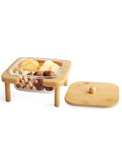 Buy Harmony Glass Bowl with Bamboo Stand & Lid, Beige - 17.6x10.7 cm in UAE