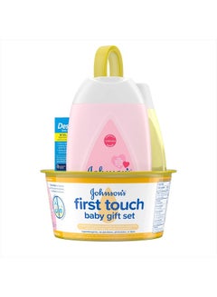 اشتري Johnson's First Touch Baby Gift Set, Baby Bath, Skin & Hair Essential Products, Kit for New Parents with Wash & Shampoo, Lotion, & Diaper Rash Cream, Hypoallergenic & Paraben-Free, 4 items في الامارات