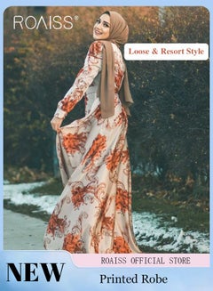 Buy Middle Eastern Muslim Women Fashion Digital Print Belted Stylish Slim Fit Maxi Dress in UAE