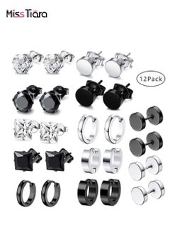 Buy 12 Pairs Stainless Steel Stud Earrings Set for Men and Women Unisex in UAE
