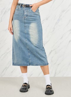 Buy Solid Straight Midi Denim Skirt with Back Slit Cut in Saudi Arabia