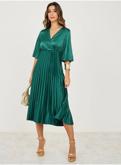 Buy 3/4 Sleeve Satin Pleated A-Line Midi Dress in Saudi Arabia