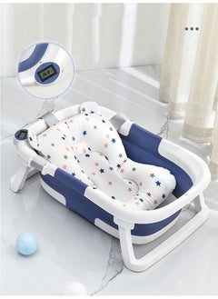 Buy Foldable Collapsible Baby Bathtub With Mat and Temperature Sensing Thermometer White and Blue For Newborn Kids Child Toddlers Blue and White in Saudi Arabia