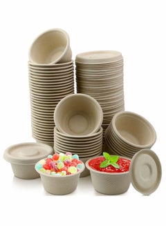 Buy Natural Bagasse Fiber Bowls, Small Disposable Paper Bowls Cups Souffle Cups and Lids for Sauce Portion Sample Snack (50 Sets 2oz) in UAE