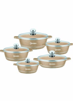 Buy 10-Piece Granite Non Stick Cookware Set Includes 4xCasserol With Lid 32cm, 28cm, 24cm, 20cm, 1xShallow Pot With Lid,,Beige in UAE