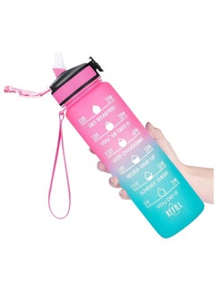 Buy 1L Sports Water Bottle Motivational Water Bottle with Time Marker and Straw Leakproof Water Bottles for Fitness Gym and Outdoor Sports Blue/Pink in Saudi Arabia