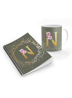 اشتري Stylizedd Designer Printed Coffee Mug + A5 Spiral Notebook Memo Notepad Journal Personalised Combo Gift Set  - Custom Monogram Initial Letter Floral Pattern Alphabet - N  (Olive Green ) في الامارات