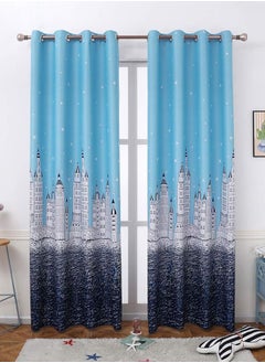 Buy 2-Piece Castle Printed Blackout Curtains Blue 100 x 250centimeter in UAE