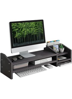 Buy Monitor Stand 2 Tier Wooden Monitor Stand With Storage Cabinet Multi Purpose Desktop Organiser For Computer Laptop Printer Black in Saudi Arabia