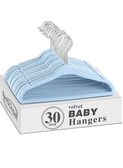 اشتري 30-Pack Blue Baby Velvet Hangers 11Inch/28cm - Nursery Clothes Hangers Non Slip Toddler Hangers, 360 Chrome Swivel Hook في الامارات