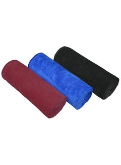 Buy Microfiber Gym Towel, Hand Towel, Face Towel, Microfiber Car Cleaning Towel Soft And Durable, 3-Piece, 50x90 Cm -  Black,Blue,Red in UAE