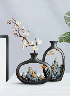 Buy 2-Pieces Durable Resin 3D Creative Art Style Japanese Design Plant Flowers Pot Vase Desktop Decoration for Living Room Home Office 16x58 and 23x44 cm in UAE