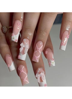 Buy 24 Pcs Long Square Press on Nails Glossy Pink Fake Nails, White Acrylic Nails Glossy Nude Glue on Nails French False Nail Tips, with 3D Bow Flower Designs Cute Acrylic False Nail Kit in UAE