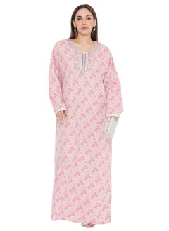 Buy UNIQUE NECK THREAD EMBROIDERED LONG FLORAL PRINTED VISCOSE ARABIC KAFTAN JALABIYA DRESS in Saudi Arabia