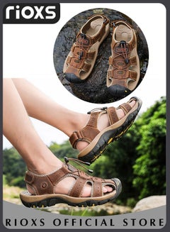 Buy Men's Summer Hollow Roman Flat Sandal Round Open Toe Sandals Comfortable Buckle Sandals With Adjustable Belt in UAE