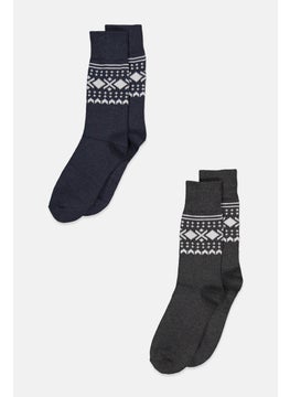 اشتري Men 2 Pair Embroidered Warm Soft Socks, Navy and Grey في الامارات