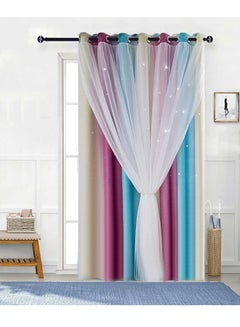 Buy Double Layer Star Cut Out Gradient Thermal Insulated Blackout Curtain for Kids Room Living Room Purple/Blue/Beige 200x270cm in UAE