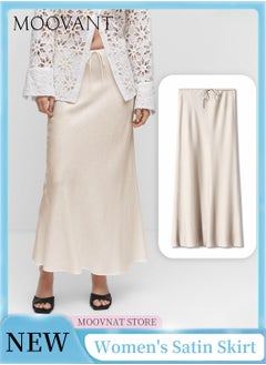 Buy Silk Satin Skirt for Women Textured Maxi Skirt Flared Casual A-Line Long Skirt Elegant Party Drawstring Dressy Skirts in Saudi Arabia