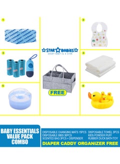 Buy Baby Essentials Pack Pack Of 7 With Caddy Diaper Bag Free   Blue in UAE