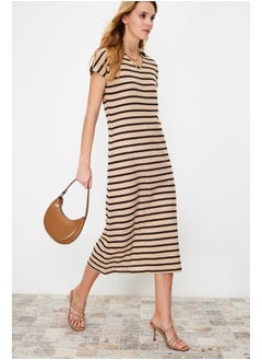 Buy Beige Striped Knitwear Look Polo Collar Maxi TWOSS24EL00204 in Egypt