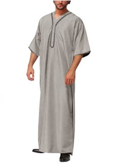 Buy Men's Muslim Loose Robe Thobe V-Neck Short Sleeve Side Split Kaftan Grey in Saudi Arabia