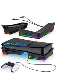 Buy Horizontal Stand Holder for PS5 Slim Console, Non-Slip Base with 14 RGB Light Modes and 4-Port USB Ports for Playstation 5 Slim Disc & Digital Edition in Saudi Arabia