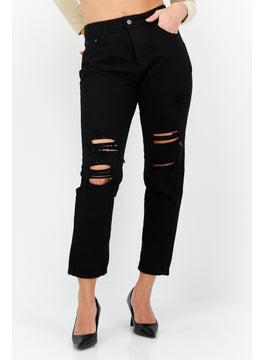 Buy Women Mom Fit Rip Non Stretchable Jeans, Black in Saudi Arabia