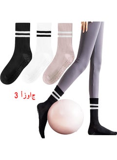 اشتري Non Slip Socks Women Fashion All Season Socks Sports Casual Simple Striped Colors for Pilates Yoga Barre Ballet Dance Fitness Football Hospital Mid-Tube Socks Free Size 3-Pair في الامارات