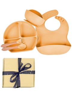 اشتري 5 Pcs Silicone Baby Feeding Set With Gift Box - Toddler Divider Plate & Bowl with Suction, Adjustable Silicone Bib - Tableware Set - Orange في الامارات
