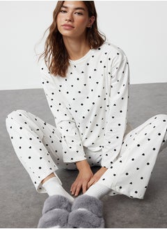 اشتري Ecru 100% Cotton Polka Dot and Heart Patterned Knitted Pajama Set THMAW25PT00039 في مصر