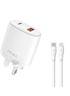 Buy Pawa Solid Travel Charger Dual PD & QC Port With Type-C to Lightning Cable- White in Saudi Arabia