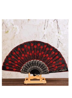 Buy Folding Fan, Flower Folding Fan, Beautiful Decorative Fans, Plastic Cloth Wrinkle Hand Fan for Wedding Party Held Dance Black, Red in UAE