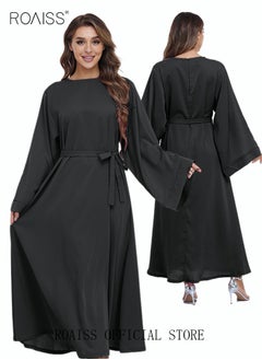 اشتري Maxi Dress for Women Solid Color Long Sleeve Dress Round Neck Casual Plus Size Loose Long Dresses Flared Sleeve Lace-up Long Dress with Waist Belt for Fall Winter Black في الامارات