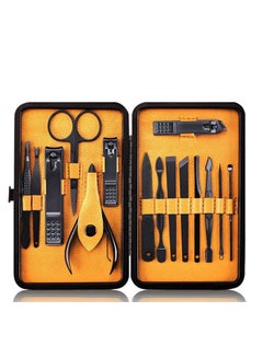 Buy Professional Stainless Steel Nail Clipper Travel Grooming Kit Nail Tools Manicure Pedicure Set of 15pcs with Luxurious Case Black/Yellow in UAE