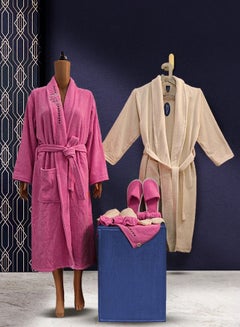 Buy Bath robe set made of 100% cotton fabric consisting of 11 pieces 1 men's robe 1 women's robe 4 slippers 2 loofahs a hair towel a hair band and a bandana free size multicolored in Saudi Arabia