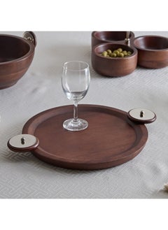 Buy Obje Wooden Round Tray with Wheel Handle 39 x 40 x 30 cm in UAE