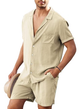 Buy Mens Linen Short-sleeved Shirt Suit Linen Summer Loose Casual Cotton and Linen Cardigan Shirt Shorts Beige in Saudi Arabia