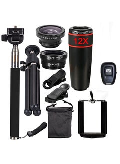 Buy 10-Piece Detachable Clip-on Lens Wide Angle + Fish Eye + Macro Lens With Selfie Stick And Tripod in Saudi Arabia