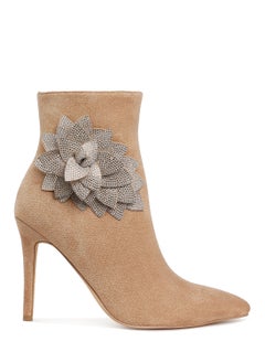 Buy Rhinestones Petal Detail Boots in Beige in UAE