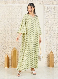 Buy Mirror Work Lace Trim Neck Zigzag Print Jalabiya in Saudi Arabia