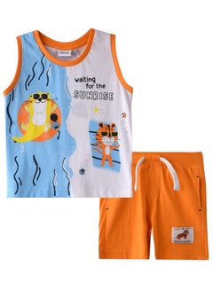 Buy Baby Boys 2 piece Set - Sleeveless T-Shirt(Vest) & Shorts - Off-While and Orange (100% Cotton)- VJ in UAE