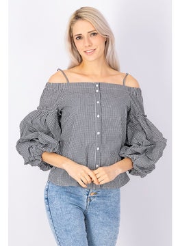 Buy Women Off Shoulder Queenie Tartan 3 and 4 Gingham Shirt, Black and White in UAE