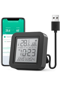 اشتري Smart Indoor Thermometer Room Hygrometer, WIFI Remote Control Digital Hygrometer High Accuracy, Backlight Large Screen, Rechargeable Hygrometer, Low Power Indicator dor Home Nursery/Greenhouse, Black في الامارات