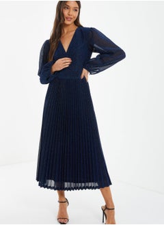 Buy Surplice Neck Balloon Sleeve Plisse Dress in UAE