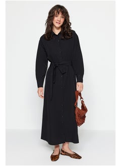 Buy Black Belted Knitted Cotton Shirt Dress With Cuffs TCTSS23EB00072 in Egypt