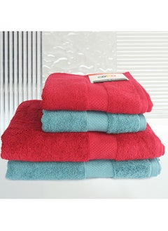 اشتري 4 Piece Bathroom Towel Set ACCRA 550 GSM 100% Cotton Terry 2 Bath Towel 70X140 cm & 2 Hand Towel 50x90 cm Turquoise & Red Color Soft Feel Super Absorbent في الامارات