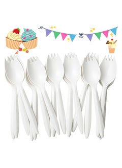 Buy Fork Spoons Set,100 Pieces 6inch/14cm White Fork Spoons Set,2 in 1 Fork and Spoons Convenient Use for Parties, Camping, Picnics, BBQs in Saudi Arabia