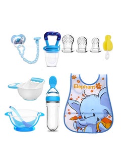 Buy Baby Feeding Gift Set 12 Pieces Include Silicone Bib,Masher and Bowl,Silicone Pacifier,Fruit Feeder,Brush,Bottle Feeder,Sucker Bowl and Spoon Blue in Saudi Arabia