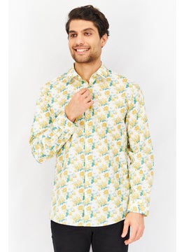 اشتري Men Slim Fit Allover Print Long Sleeve Dress Shirt, White/Yellow/Green في الامارات